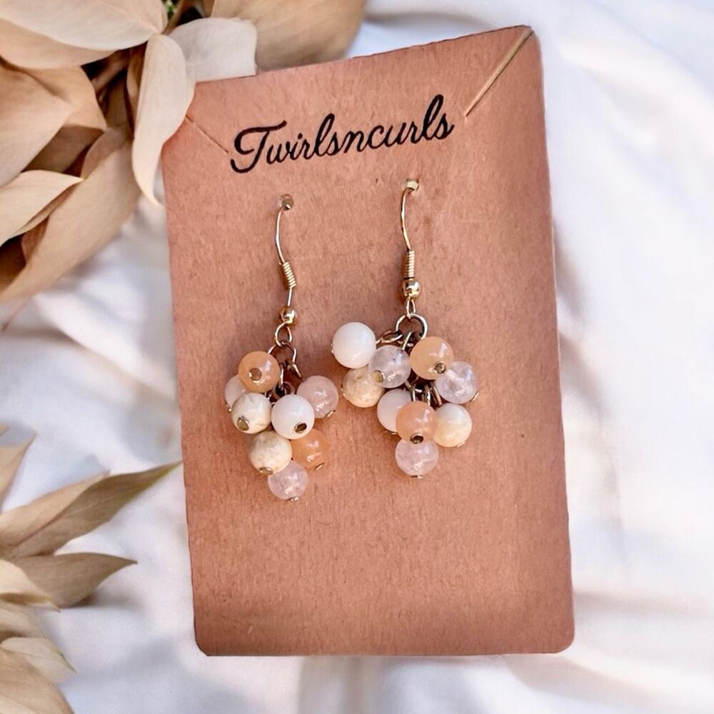 Tan Beige Boho Cluster Dangle Beaded Earrings Bohemian Minimalist Art Deco